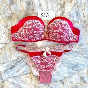 32B Bombshell Red Lace Strapless Bra Panty Small